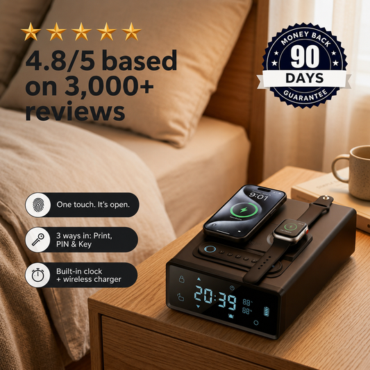 Biometric Safe w/ PIN, Dual Wireless Charging & LED Clock